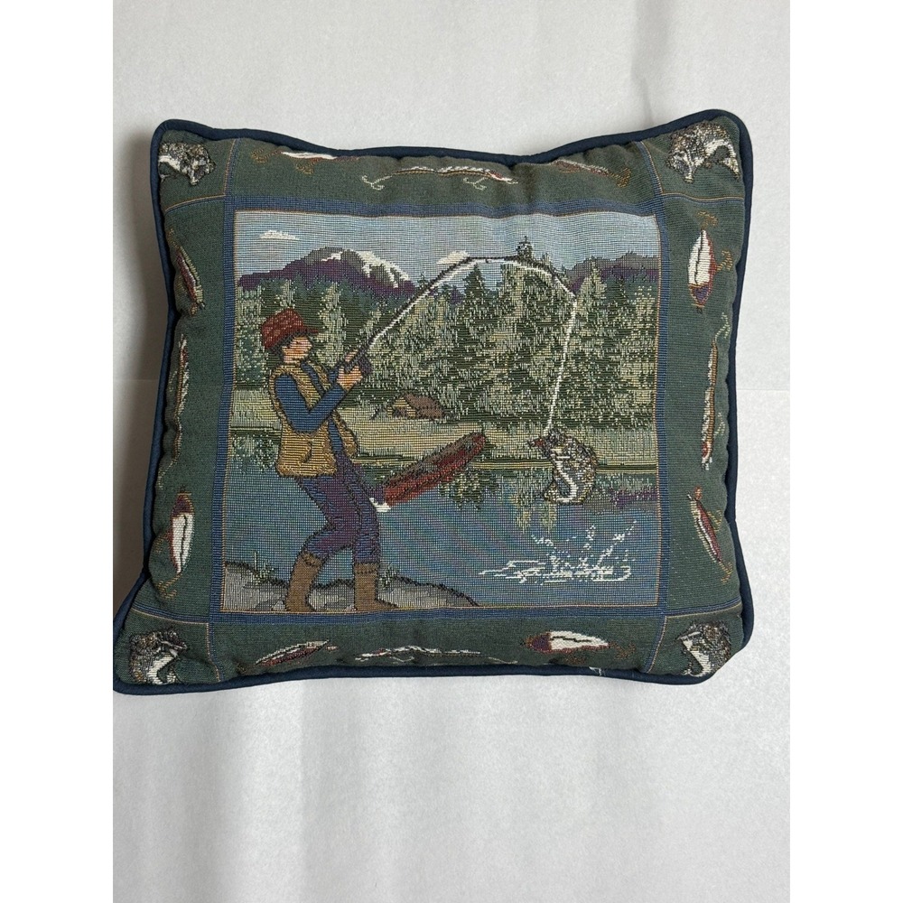 Vtg Tapestry Pillow Americana Countryside Landscape Fly Fishing River 12x11